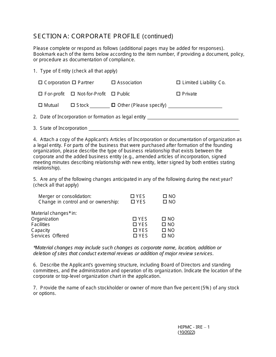 Form HIPMC-IRE-1 Application for Certification of an Independent Review Entity - Kentucky, Page 5