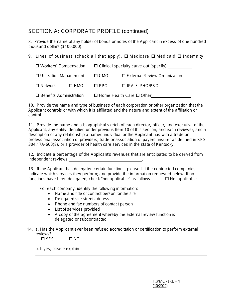 Form HIPMC-IRE-1 Application for Certification of an Independent Review Entity - Kentucky, Page 6