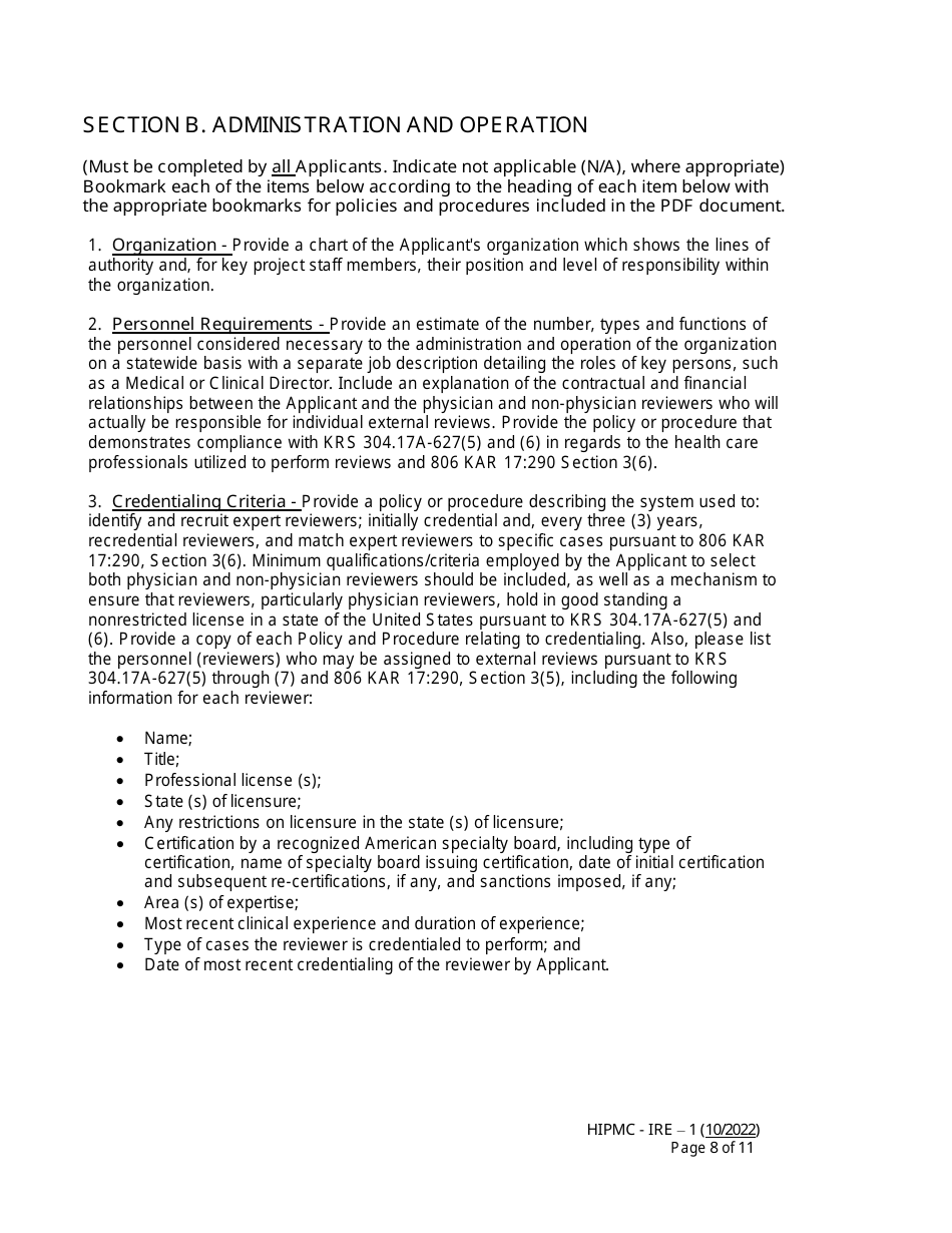 Form HIPMC-IRE-1 Application for Certification of an Independent Review Entity - Kentucky, Page 8