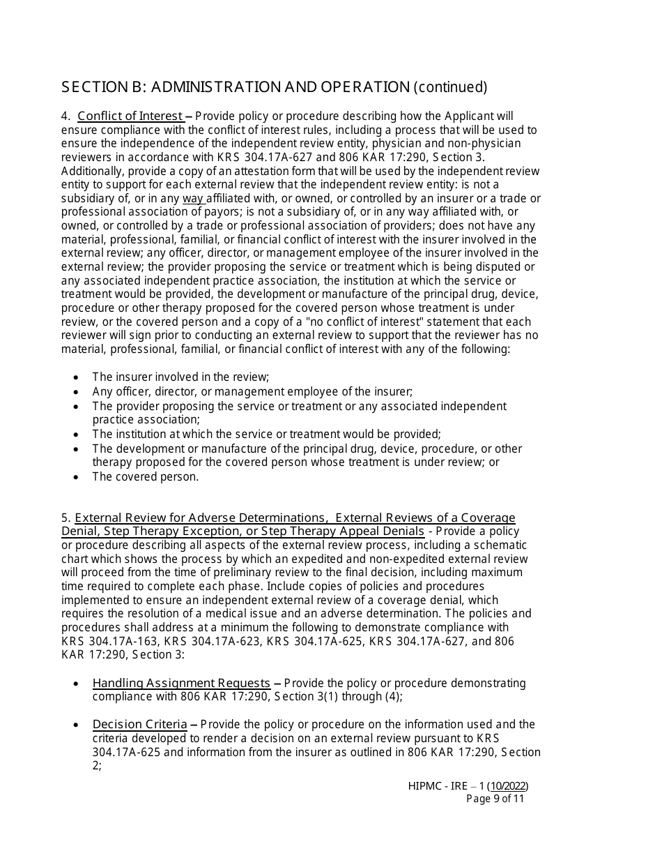 Form HIPMC-IRE-1 Application for Certification of an Independent Review Entity - Kentucky, Page 9