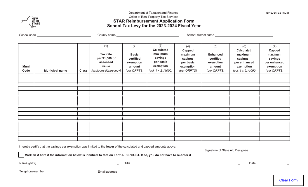 Form RP-6704-B2 Star Reimbursement Application Form - School Tax Levy - New York, 2024