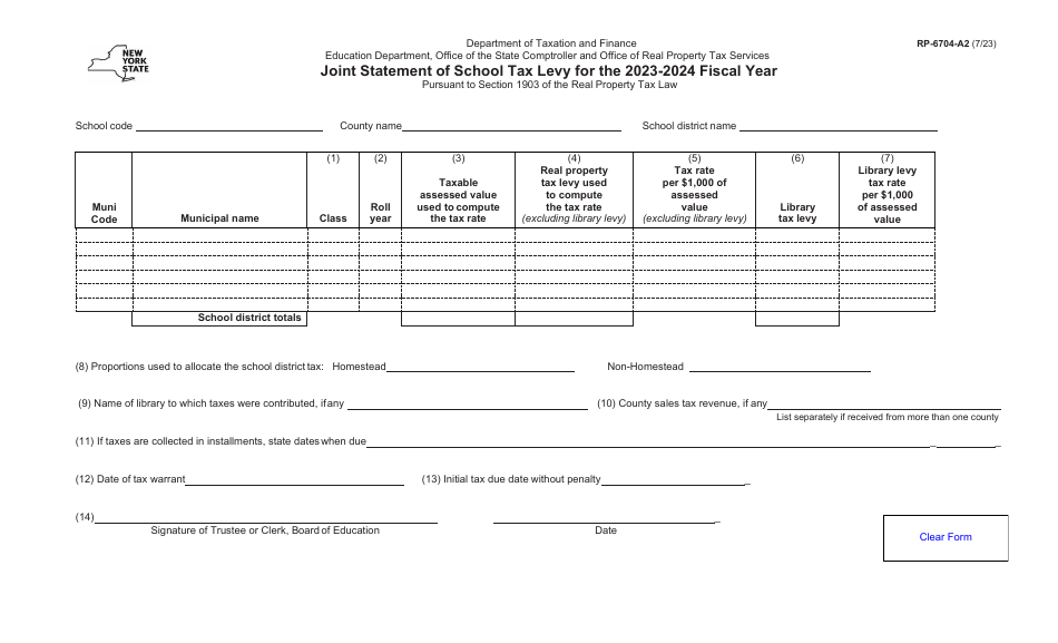 Form RP-6704-A2 Download Fillable PDF or Fill Online Joint Statement of ...