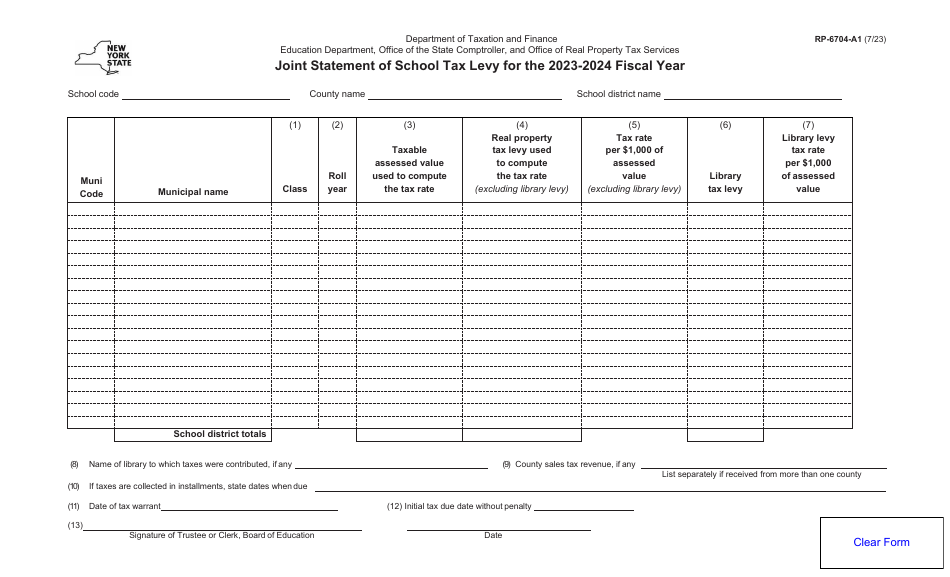 Form RP-6704-A1 Joint Statement of School Tax Levy - New York, Page 1