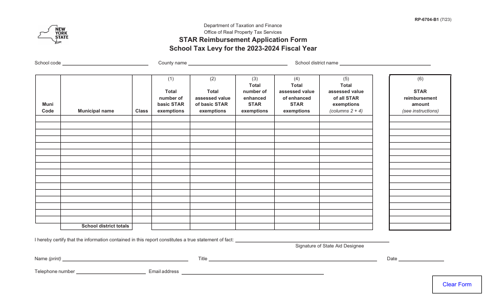 Form RP-6704-B1 Star Reimbursement Application Form - School Tax Levy - New York, Page 1