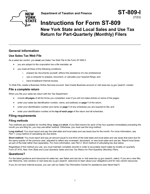 Instructions for Form ST-809 New York State and Local Sales and Use Tax Return for Part-Quarterly (Monthly) Filers - New York