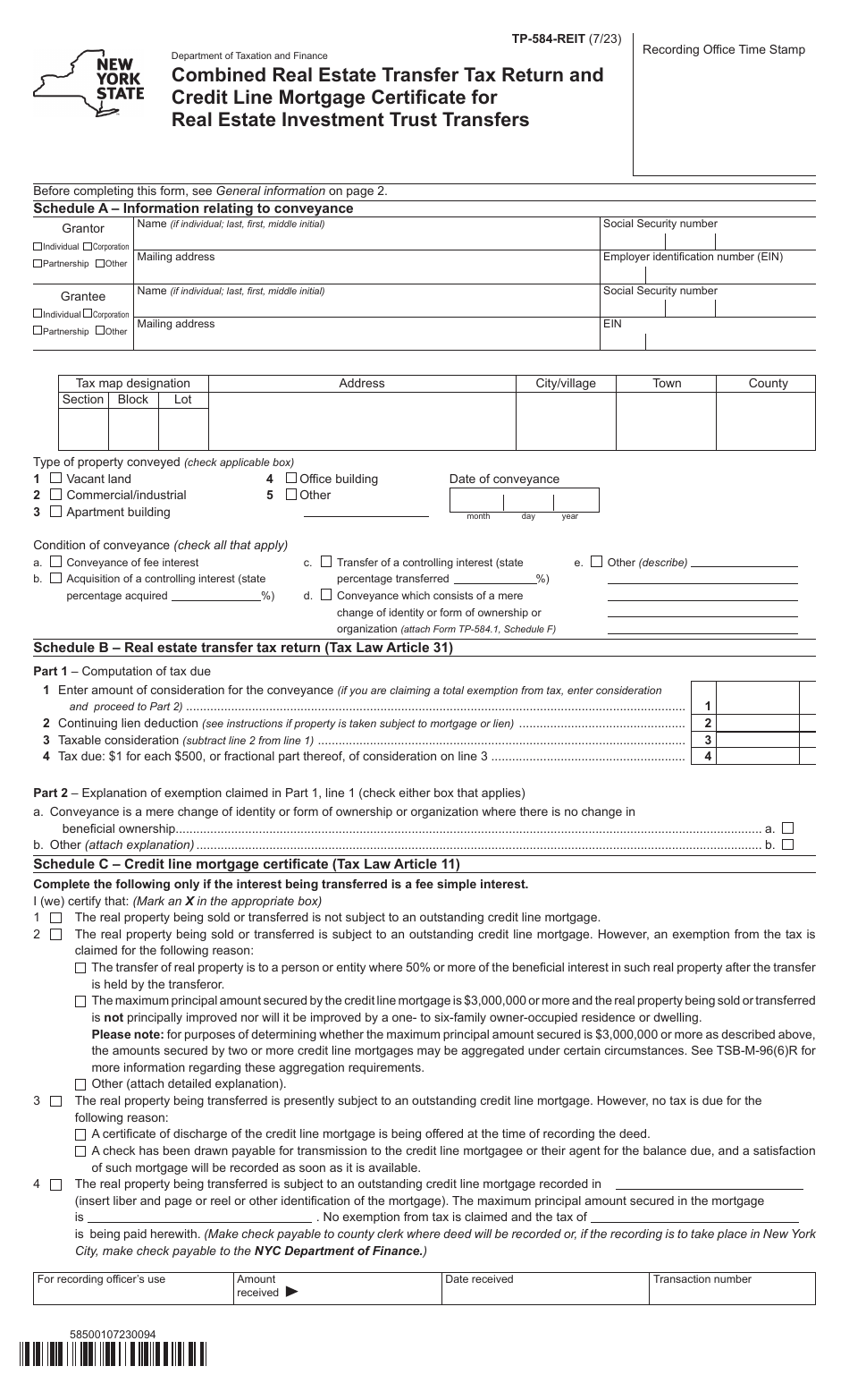 Form TP-584-REIT Combined Real Estate Transfer Tax Return and Credit Line Mortgage Certificate for Real Estate Investment Trust Transfers - New York, Page 1