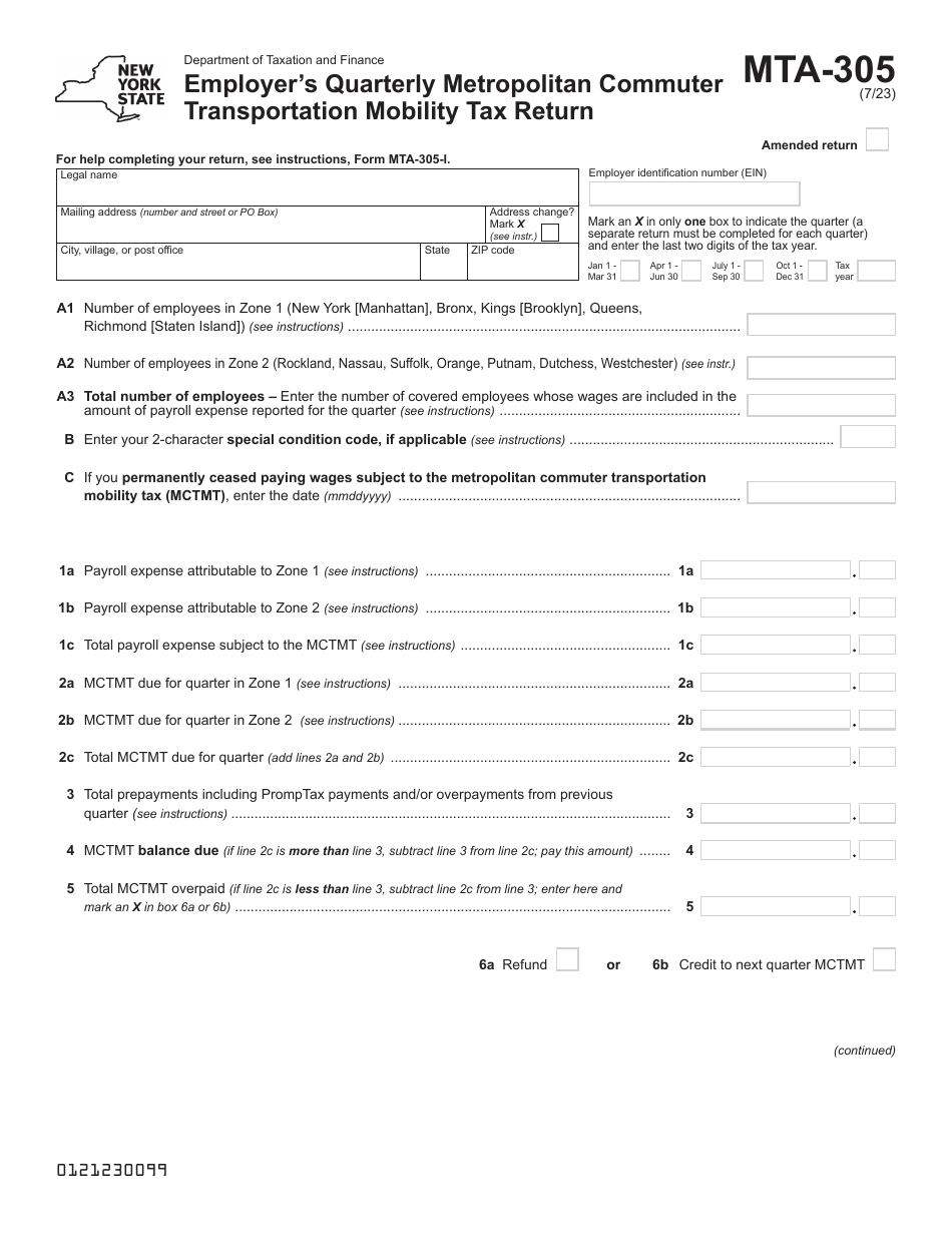 Form MTA-305 Employers Quarterly Metropolitan Commuter Transportation Mobility Tax Return - New York, Page 1