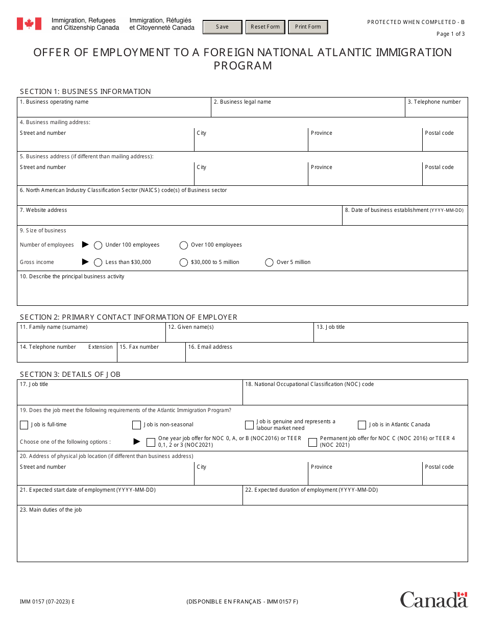 Form IMM0157 Download Fillable PDF Offer of Employment to a Foreign