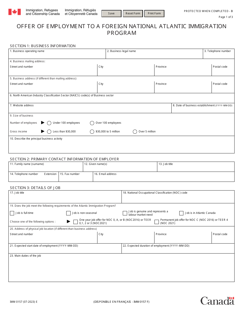 Form IMM0157 Offer of Employment to a Foreign National Atlantic Immigration Program - Canada, Page 1