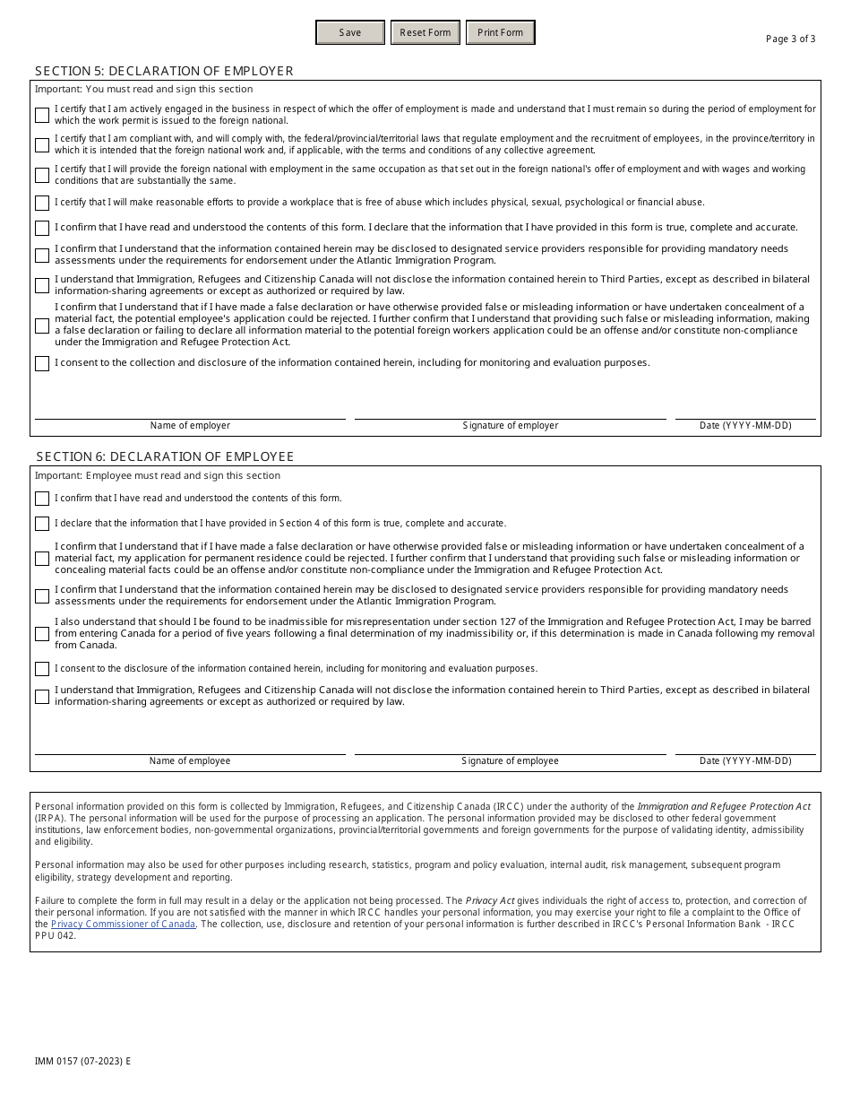 Form IMM0157 Offer of Employment to a Foreign National Atlantic Immigration Program - Canada, Page 3