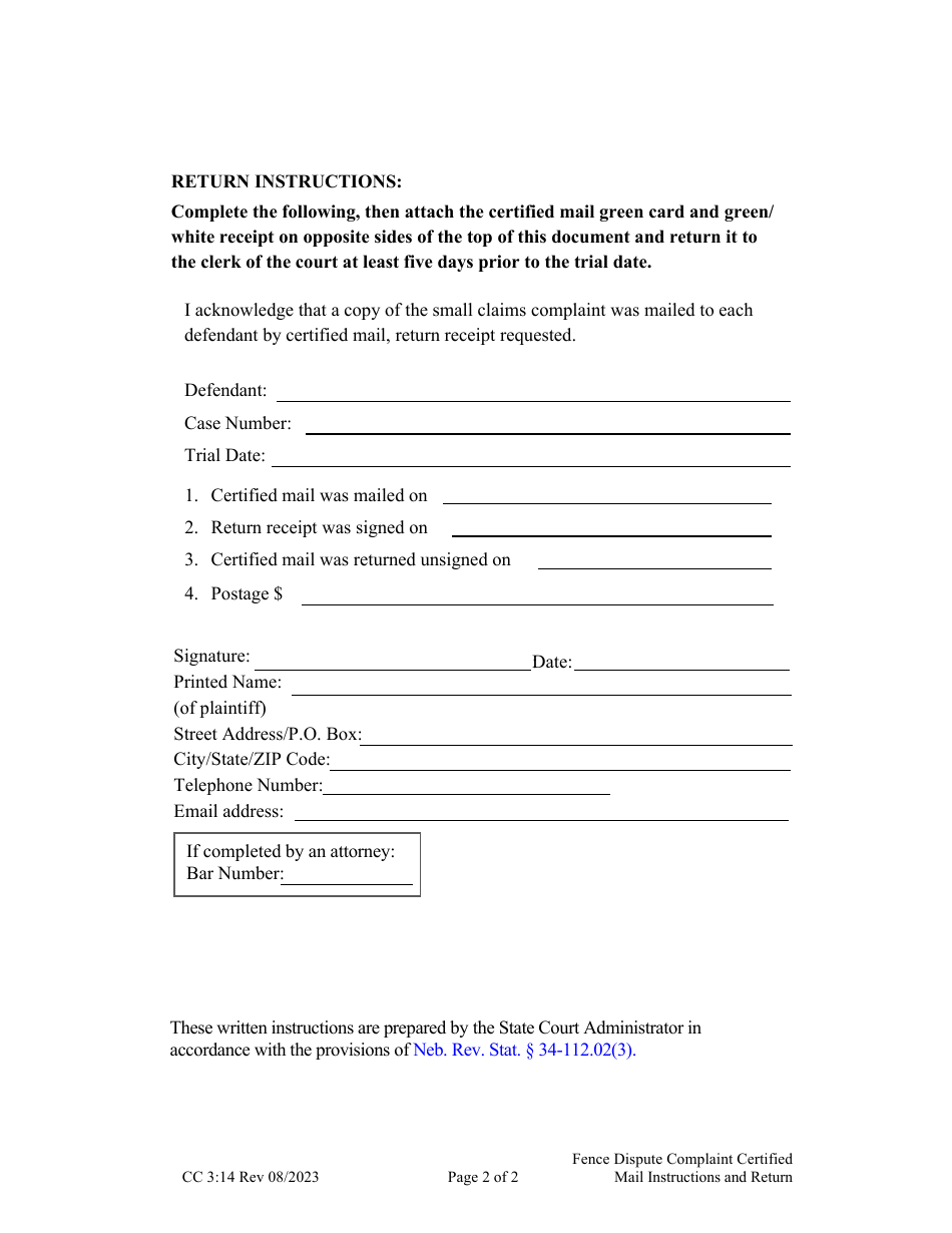 Form CC3:14 Fence Dispute Complaint Certified Mail Instruction and Return - Nebraska, Page 2
