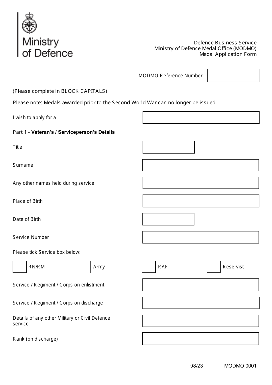 Form MODMO0001 Medal Application Form - United Kingdom, Page 3