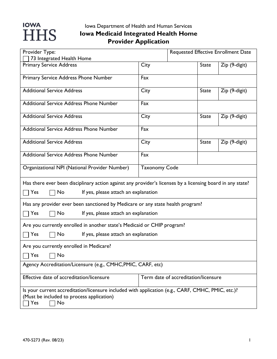 Form 470-5273 Iowa Medicaid Integrated Health Home Provider Application - Iowa, Page 1