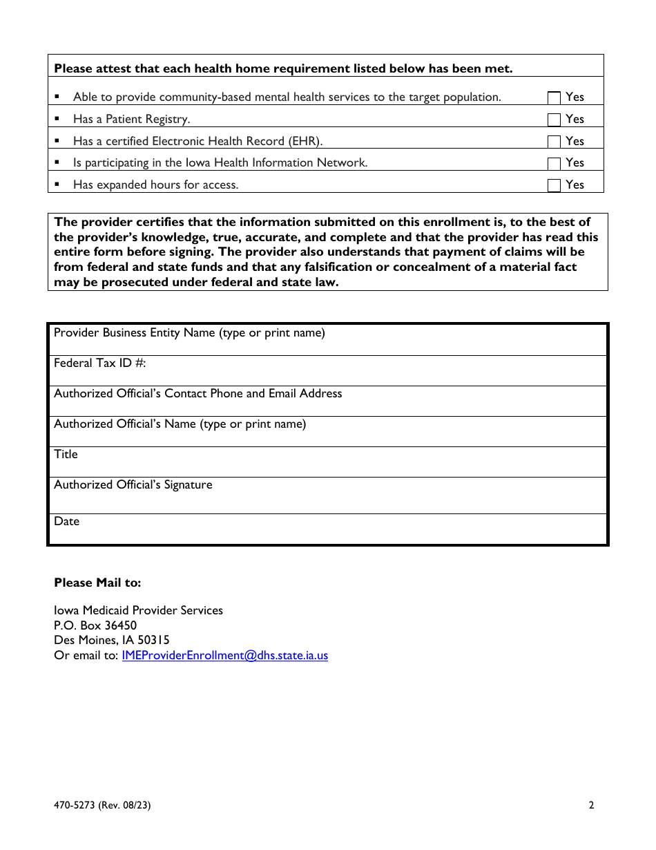 Form 470-5273 Iowa Medicaid Integrated Health Home Provider Application - Iowa, Page 2