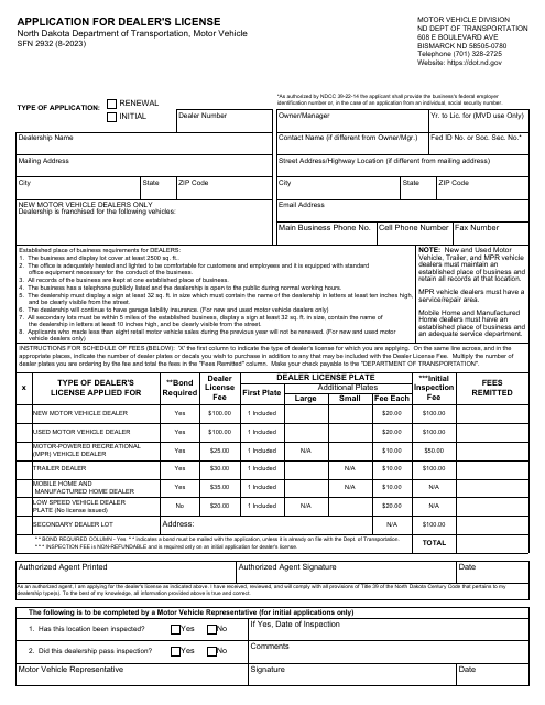 Form SFN2932 Application for Dealer's License - North Dakota