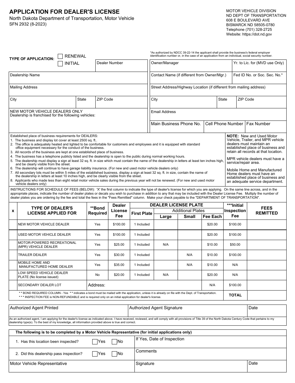 Form SFN2932 Application for Dealers License - North Dakota, Page 1