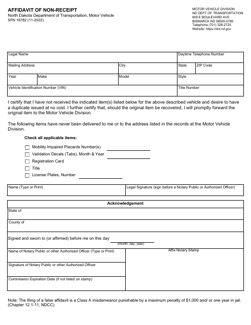 Form SFN16782 Affidavit of Non-receipt - North Dakota