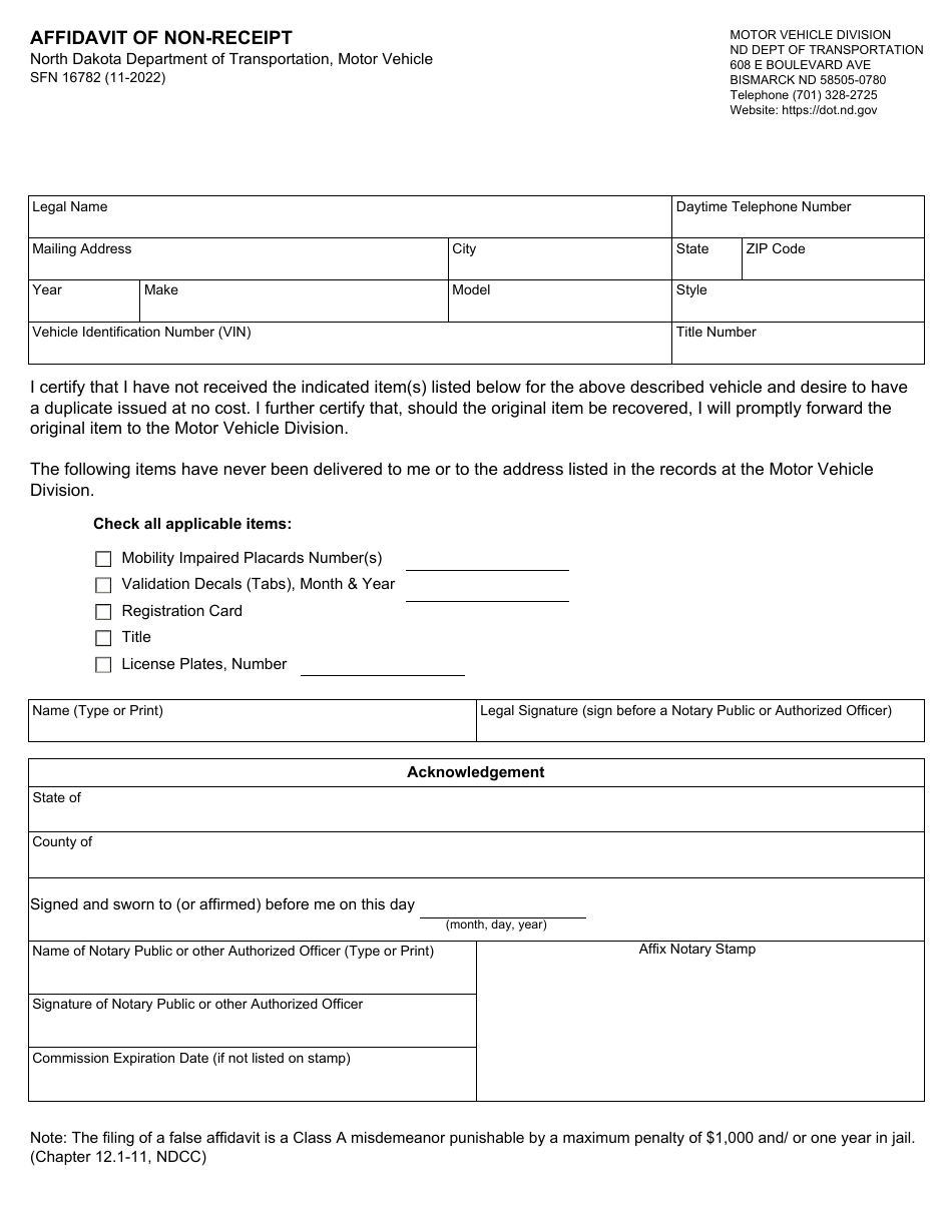 Form SFN16782 Affidavit of Non-receipt - North Dakota, Page 1