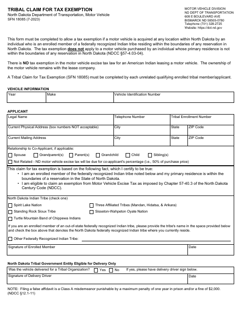 Form SFN18085 Tribal Claim for Tax Exemption - North Dakota