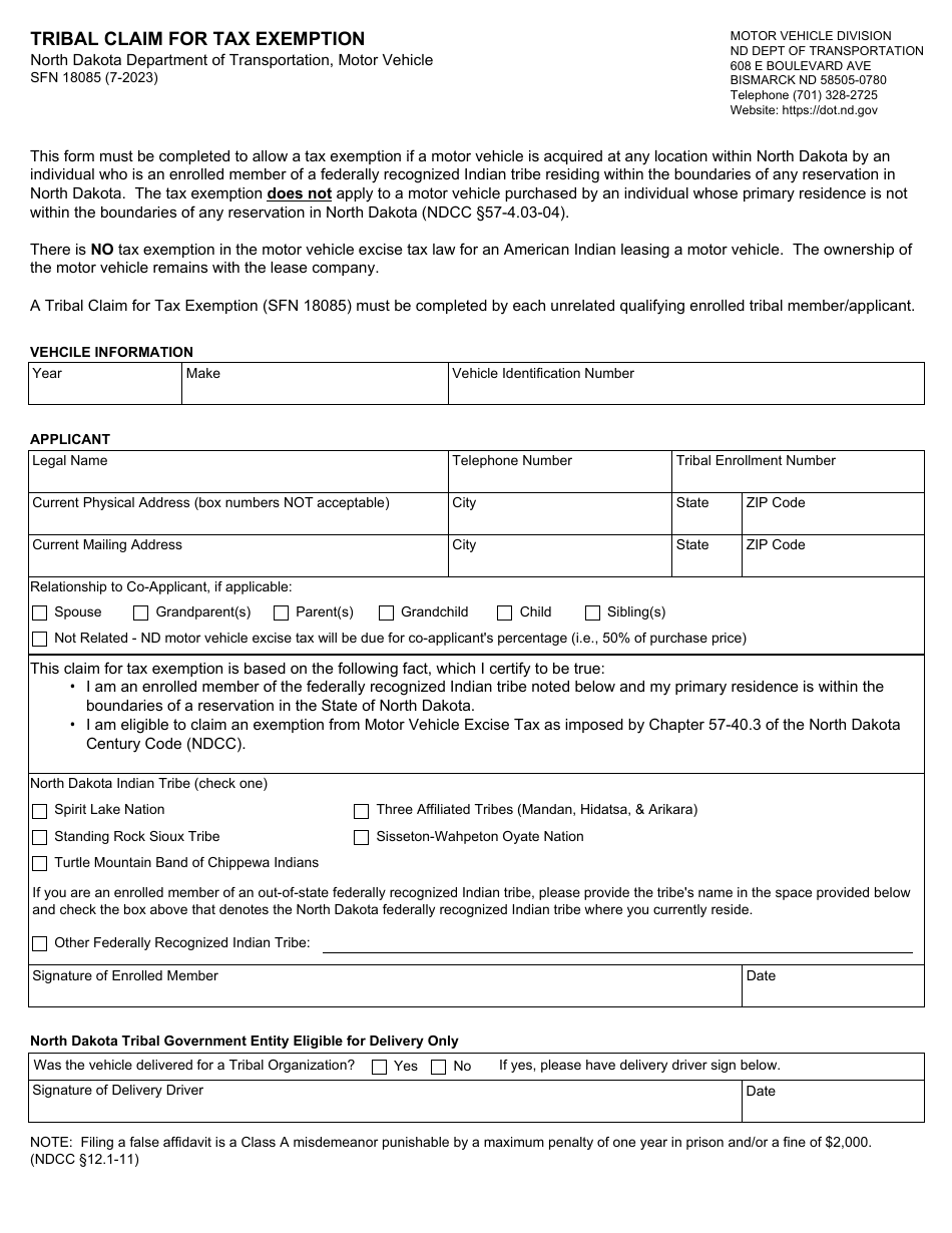 Form SFN18085 Download Fillable PDF or Fill Online Tribal Claim for Tax