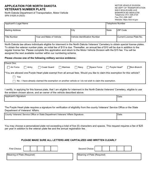 Form SFN51628 Application for North Dakota Veteran's Number Plate - North Dakota