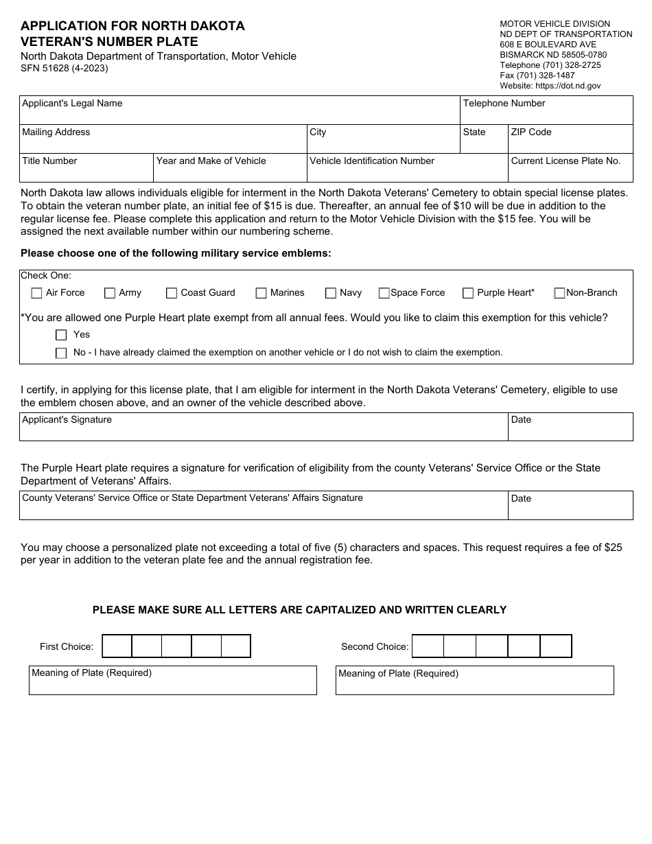 Form SFN51628 Application for North Dakota Veterans Number Plate - North Dakota, Page 1