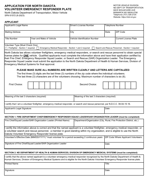 Form SFN61572 Application for North Dakota Volunteer Emergency Responder Plate - North Dakota