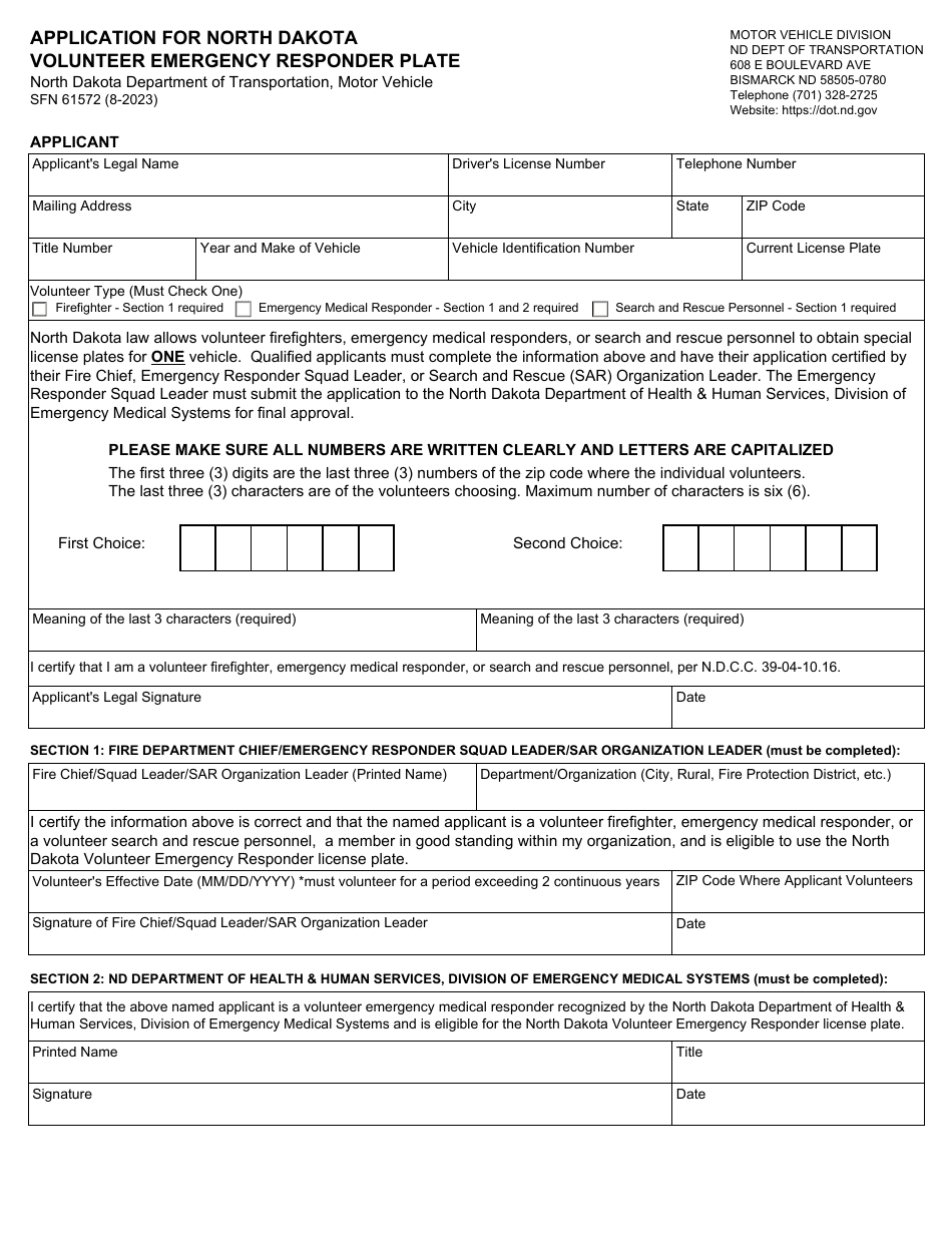 Form SFN61572 Application for North Dakota Volunteer Emergency Responder Plate - North Dakota, Page 1