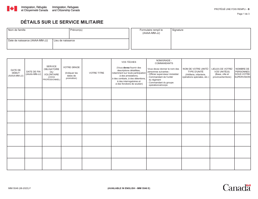 Forme IMM5546 Details Sur Le Service Militaire - Canada (French)