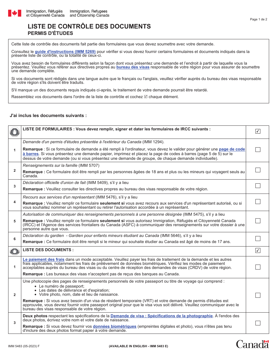 Forme IMM5483 Liste De Controle DES Documents - Permis Detudes - Canada (French), Page 1