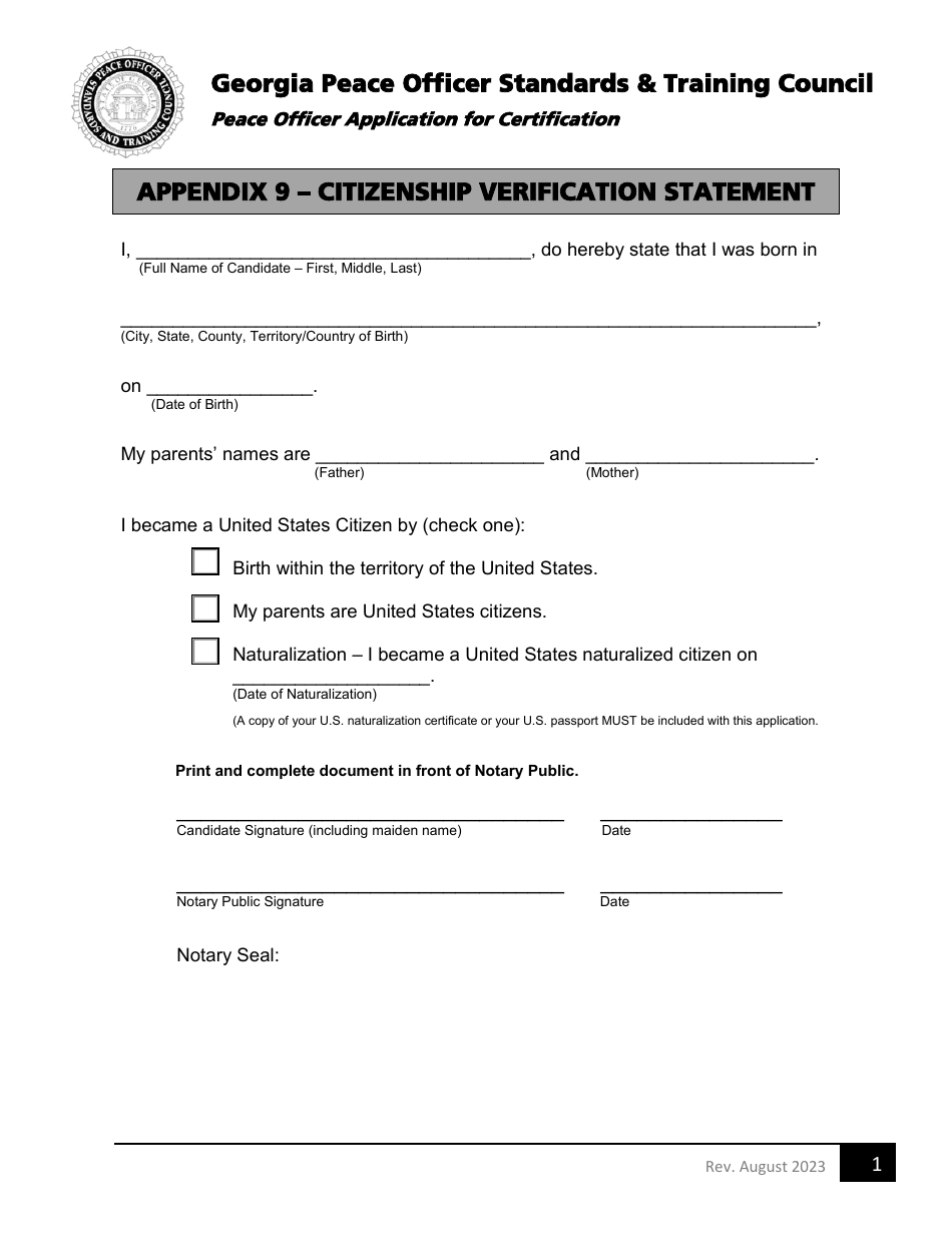 Appendix 9 Citizenship Verification Statement - Georgia (United States), Page 1