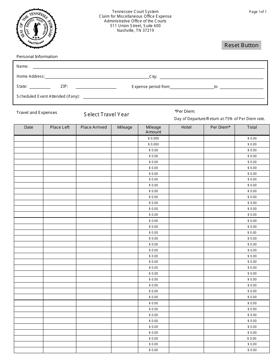 Tennessee Claim for Miscellaneous Office Expense Download Fillable PDF ...