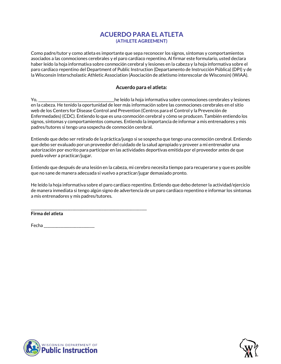 Concussion and Sudden Cardiac Arrest Information Student Athlete Agreement - Wisconsin (Spanish), Page 1