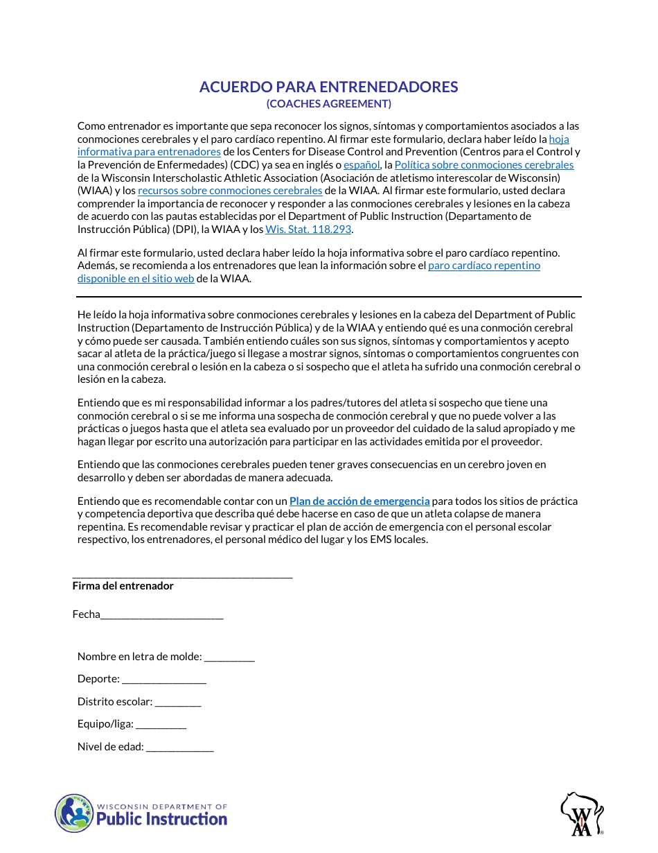 Concussion and Sudden Cardiac Arrest Information Coaches Agreement - Wisconsin (Spanish), Page 1