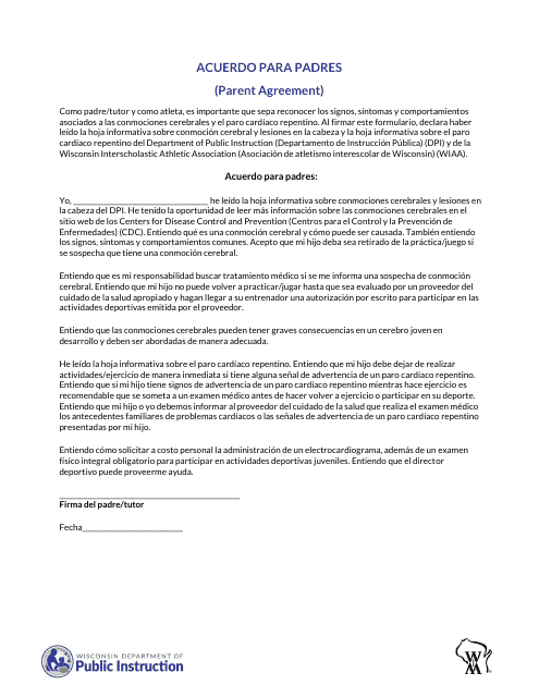 Concussion and Sudden Cardiac Arrest Information Parent Agreement - Wisconsin (Spanish) Download Pdf