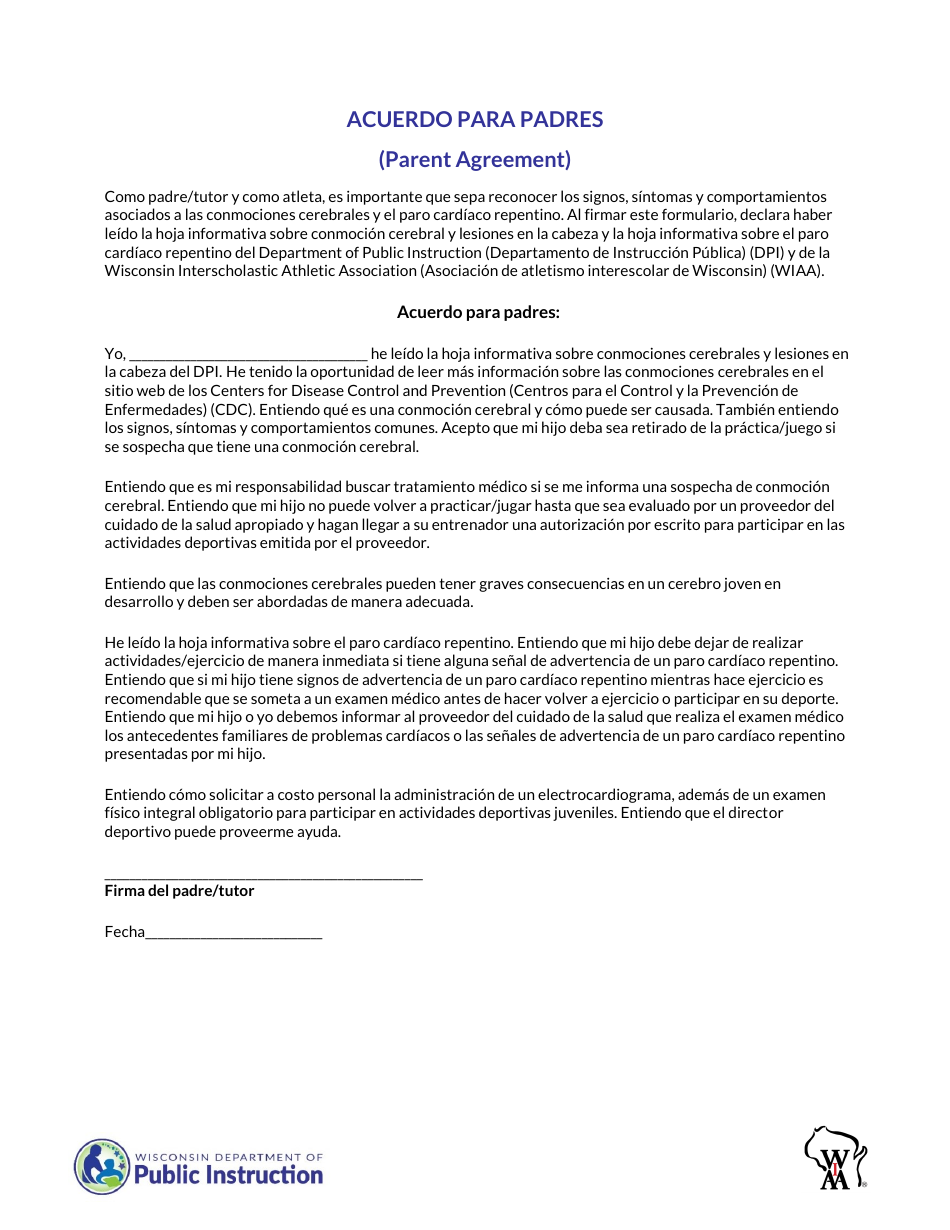 Concussion and Sudden Cardiac Arrest Information Parent Agreement - Wisconsin (Spanish), Page 1