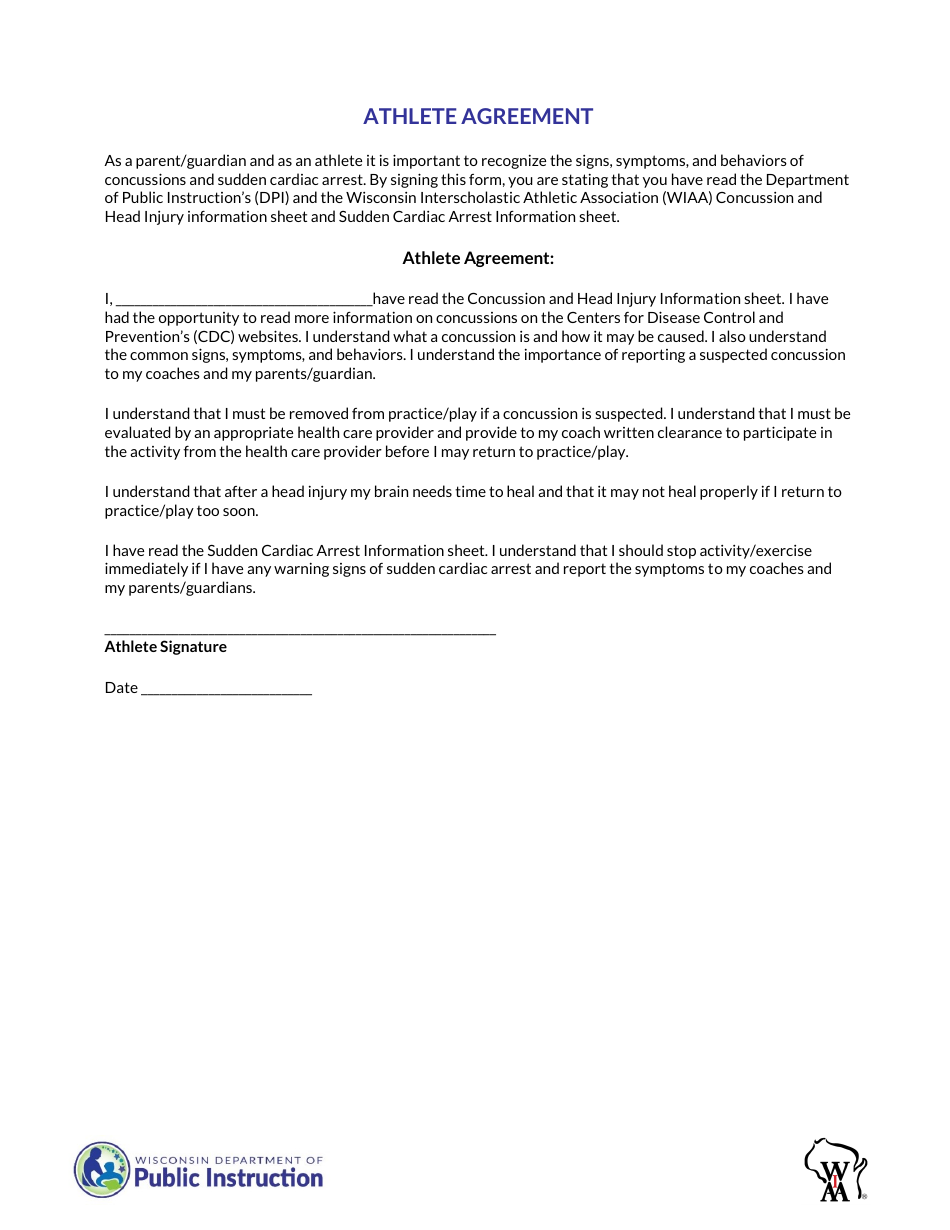 Concussion and Sudden Cardiac Arrest Information Student Athlete Agreement - Wisconsin, Page 1