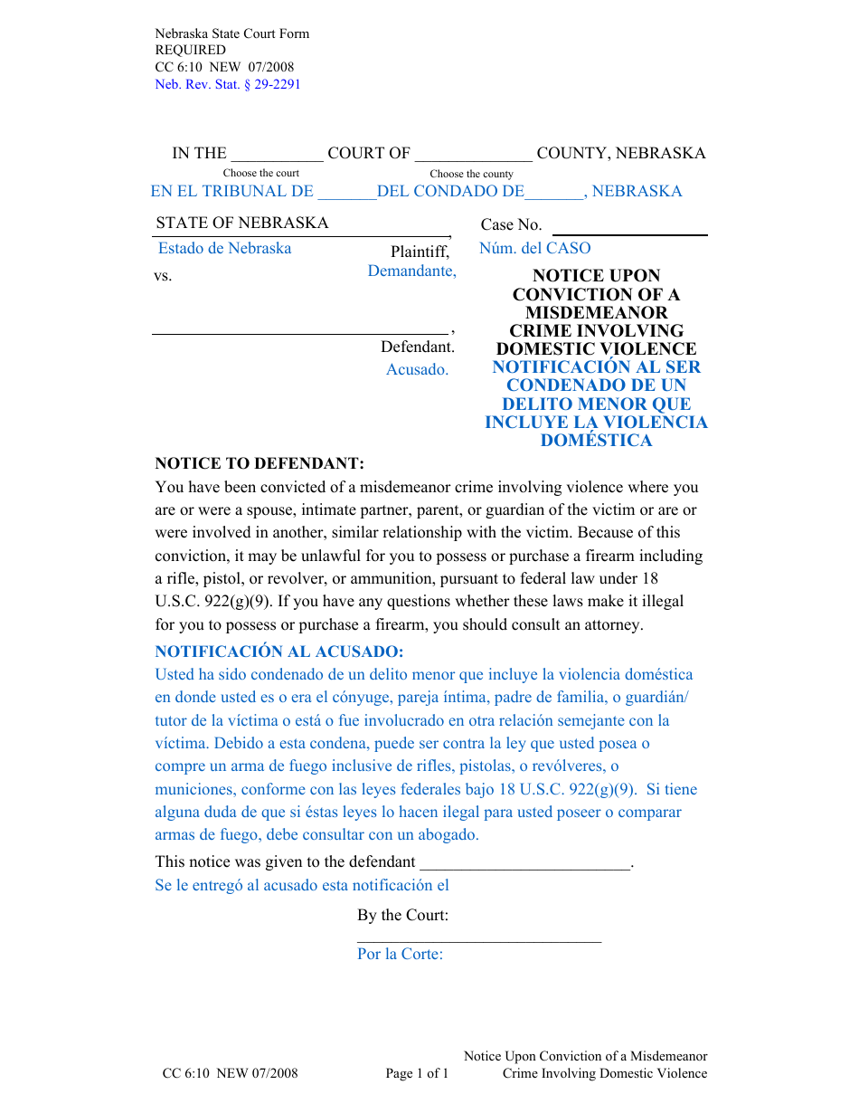 Form CC6:10 Notice Upon Conviction of a Misdemeanor Crime Involving Domestic Violence - Nebraska (English / Spanish), Page 1