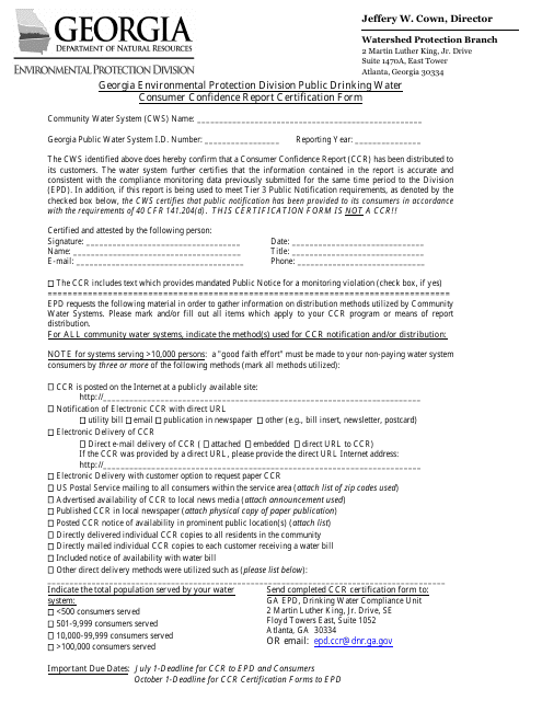 Consumer Confidence Report Certification Form - Georgia (United States) Download Pdf