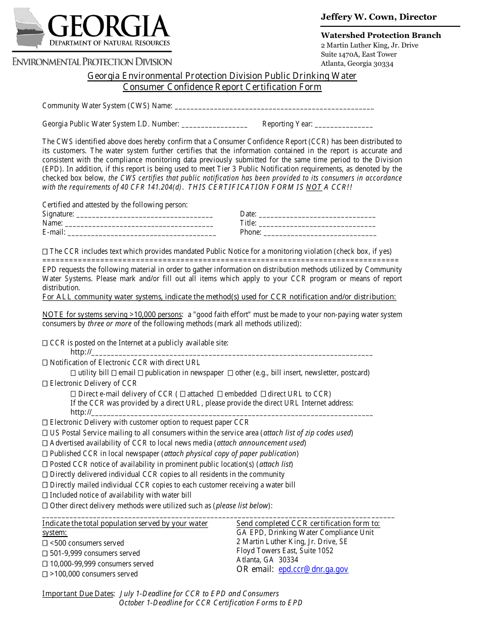 Consumer Confidence Report Certification Form - Georgia (United States), Page 1
