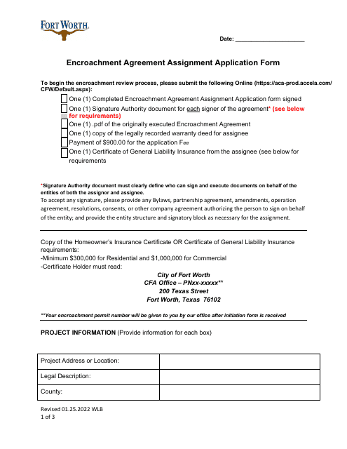 Encroachment Agreement Assignment Application Form - City of Fort Worth, Texas