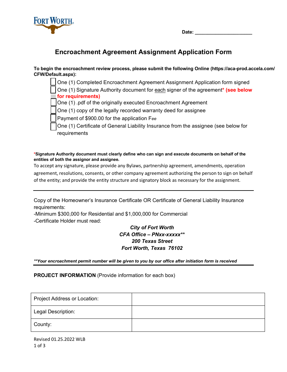 Encroachment Agreement Assignment Application Form - City of Fort Worth, Texas, Page 1