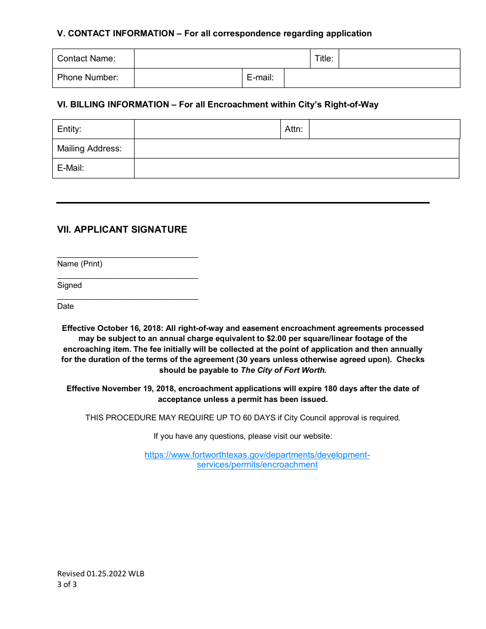 Encroachment Agreement Assignment Application Form - City of Fort Worth, Texas, Page 3