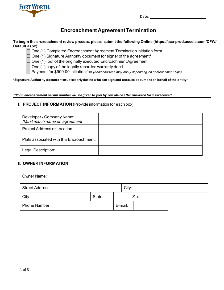Encroachment Example Real Estate City of Fort Worth, Texas Encroachment Agreement Termination - Fill Out ...