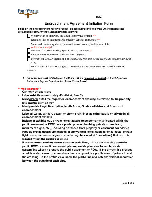 Encroachment Agreement Initiation Form - City of Fort Worth, Texas Download Pdf