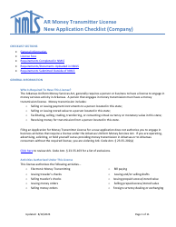 Document preview: Ar Money Transmitter License New Application Checklist (Company) - Arkansas