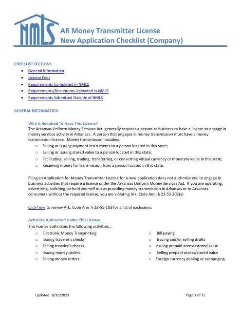 Ar Money Transmitter License New Application Checklist (Company) - Arkansas Download Pdf