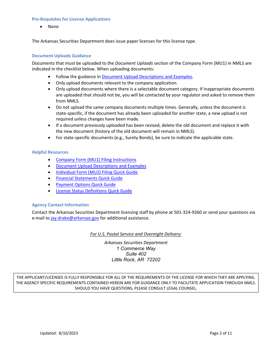 Ar Money Transmitter License New Application Checklist (Company) - Arkansas, Page 2