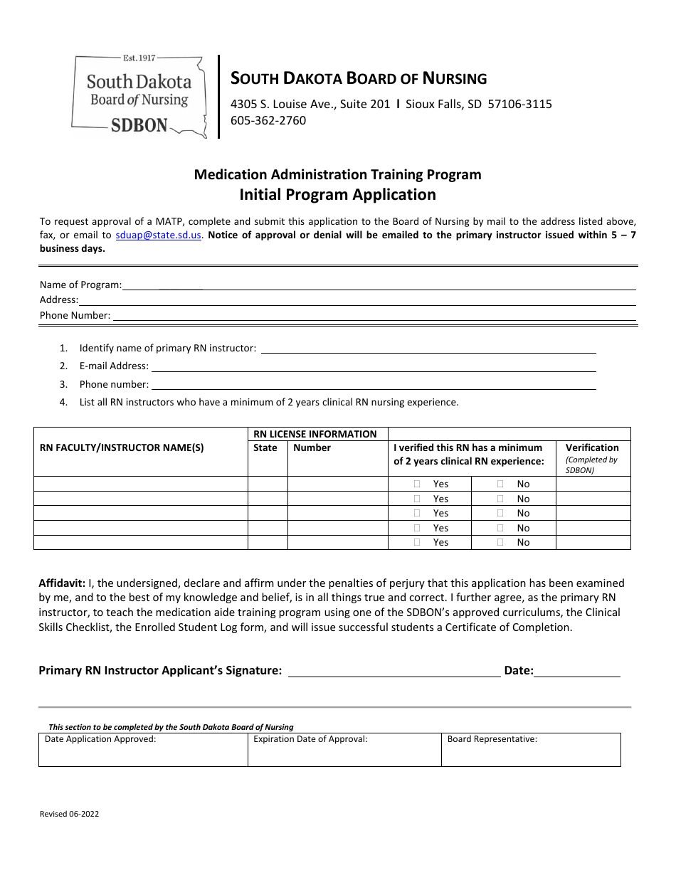 Initial Program Application - Medication Administration Training Program - South Dakota, Page 1