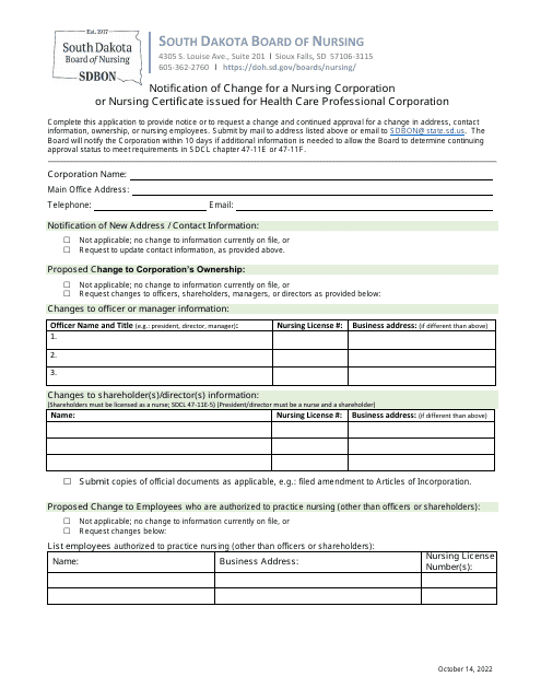 Notification of Change for a Nursing Corporation or Nursing Certificate Issued for Health Care Professional Corporation - South Dakota Download Pdf